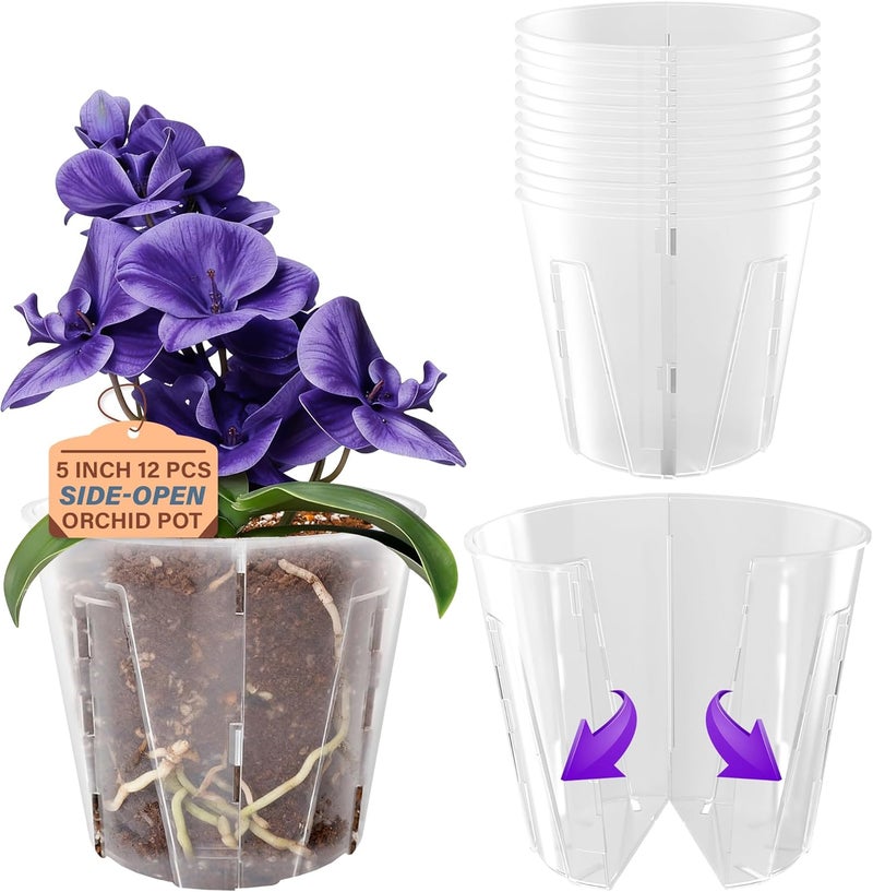 Bluepro 5 Inch Side-Open Orchid Pots 12 Pack, Clear Plastic Nursery Planters with Detachable Side Walls for Easy Repotting, Breathable Slotted Flower Pots with Drainage for Root Health - Image 1